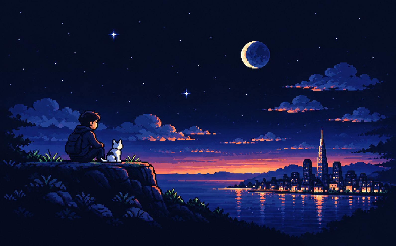 Pixel-art night scene of a builder and a cat overlooking a city